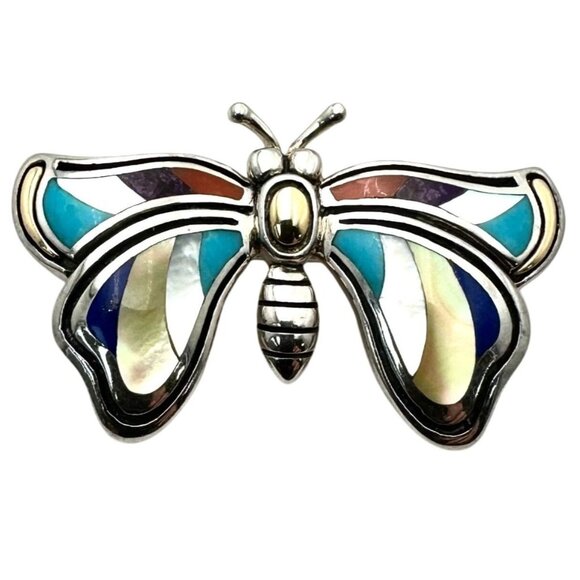 Eric Grossbardt 18K Gold Sterling Silver Multi Color Butterfly Brooch Pin Rare